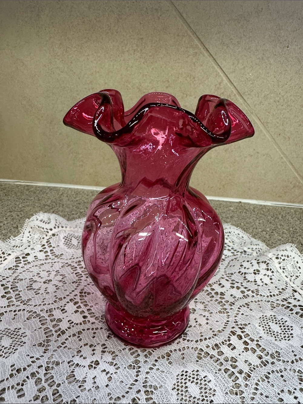 Fenton Cranberry Optic Swirl Ruffled Glass Vase - Decorative Home Accent